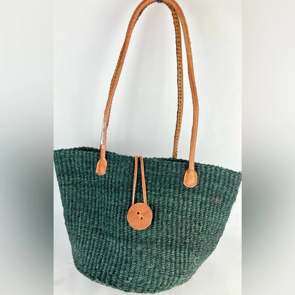 NWOT Handmade woven sisal handbag baskets GREEN w/ leather straps and closure